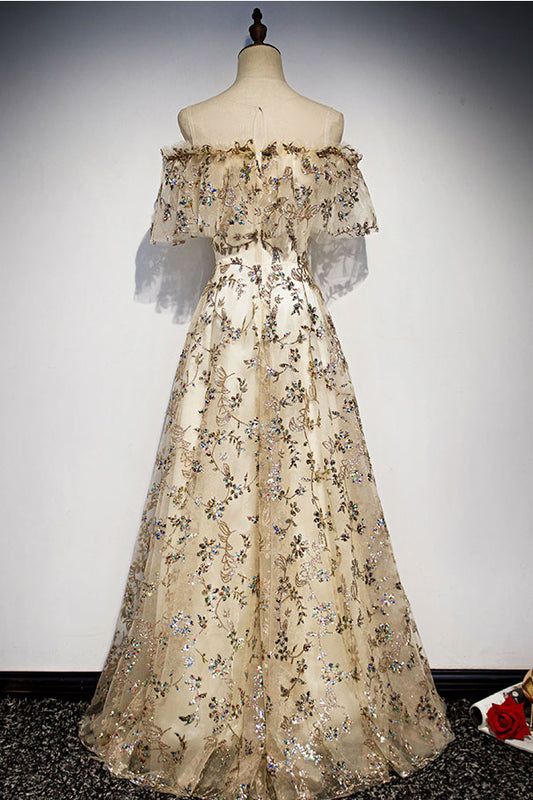 Champagne tulle lace long prom dress, champagne evening dress