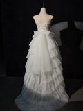 White Sweetheart Neck High Low Prom Dress, Lace Tulle White Graduation Dress