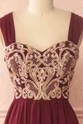 Burgundy chiffon lace applique long prom dress, burgundy evening dress