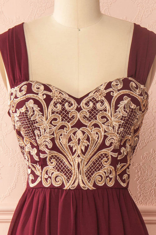 Burgundy chiffon lace applique long prom dress, burgundy evening dress