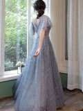 Blue v neck tulle long prom dress, blue lace evening dress