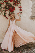 Simple v neck chiffon long prom dress, chiffon evening dress