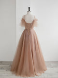Champagne A line tulle lace long prom dress, champagne evening dress
