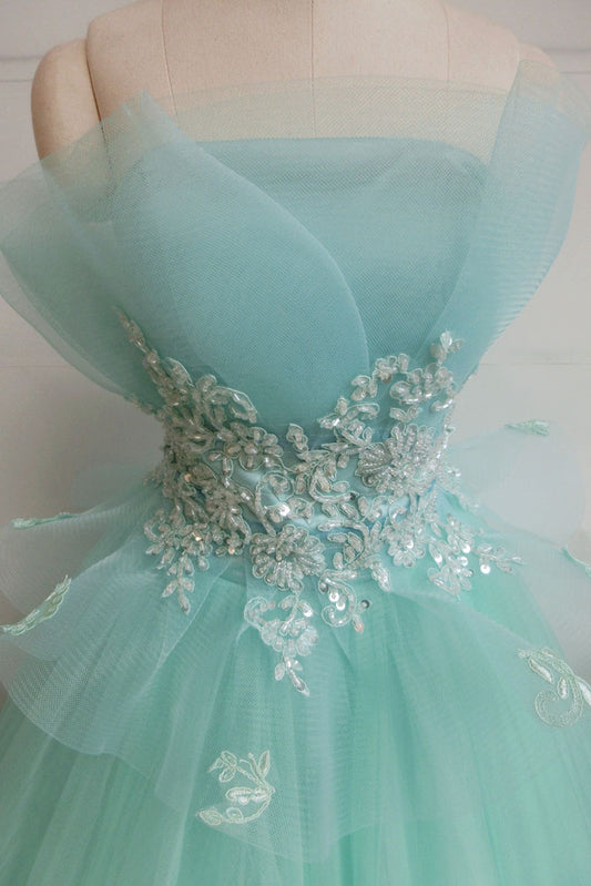 Green tulle lace long prom dress, green tulle evening dress