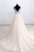Champagne v neck lace tulle long prom dress, champagne wedding dress