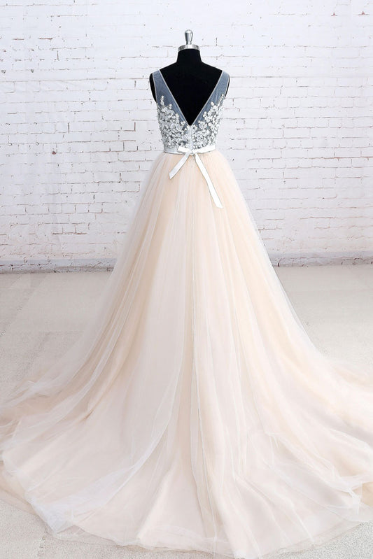 Champagne v neck lace tulle long prom dress, champagne wedding dress