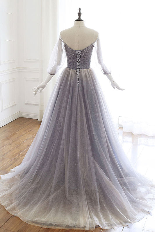 Unique tulle sequin long prom dress, tulle evening dress