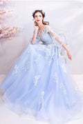 Blue round neck tulle lace long prom dress, blue evening dress