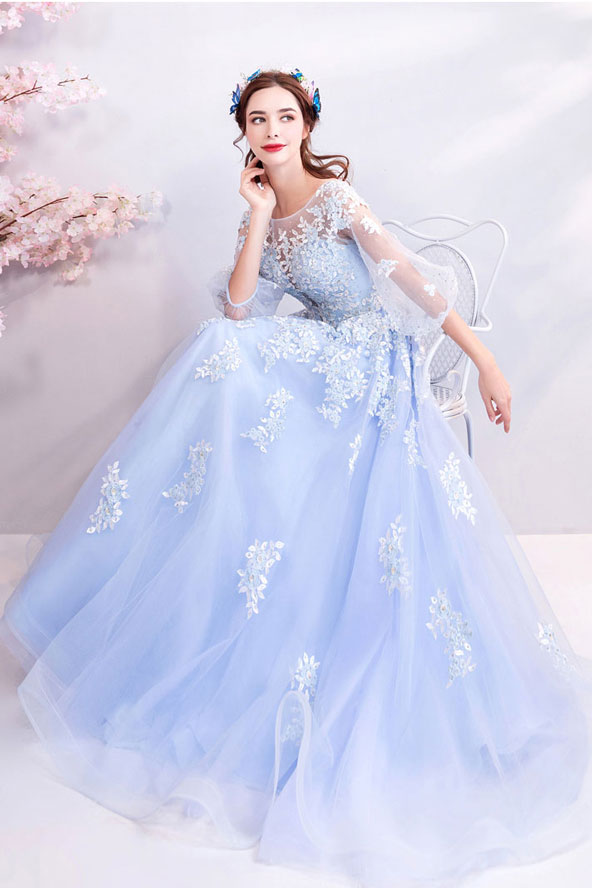 Blue round neck tulle lace long prom dress, blue evening dress