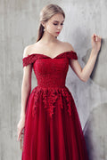 Burgundy tulle lace off shoulder prom dress, burgundy bridesmaid dress