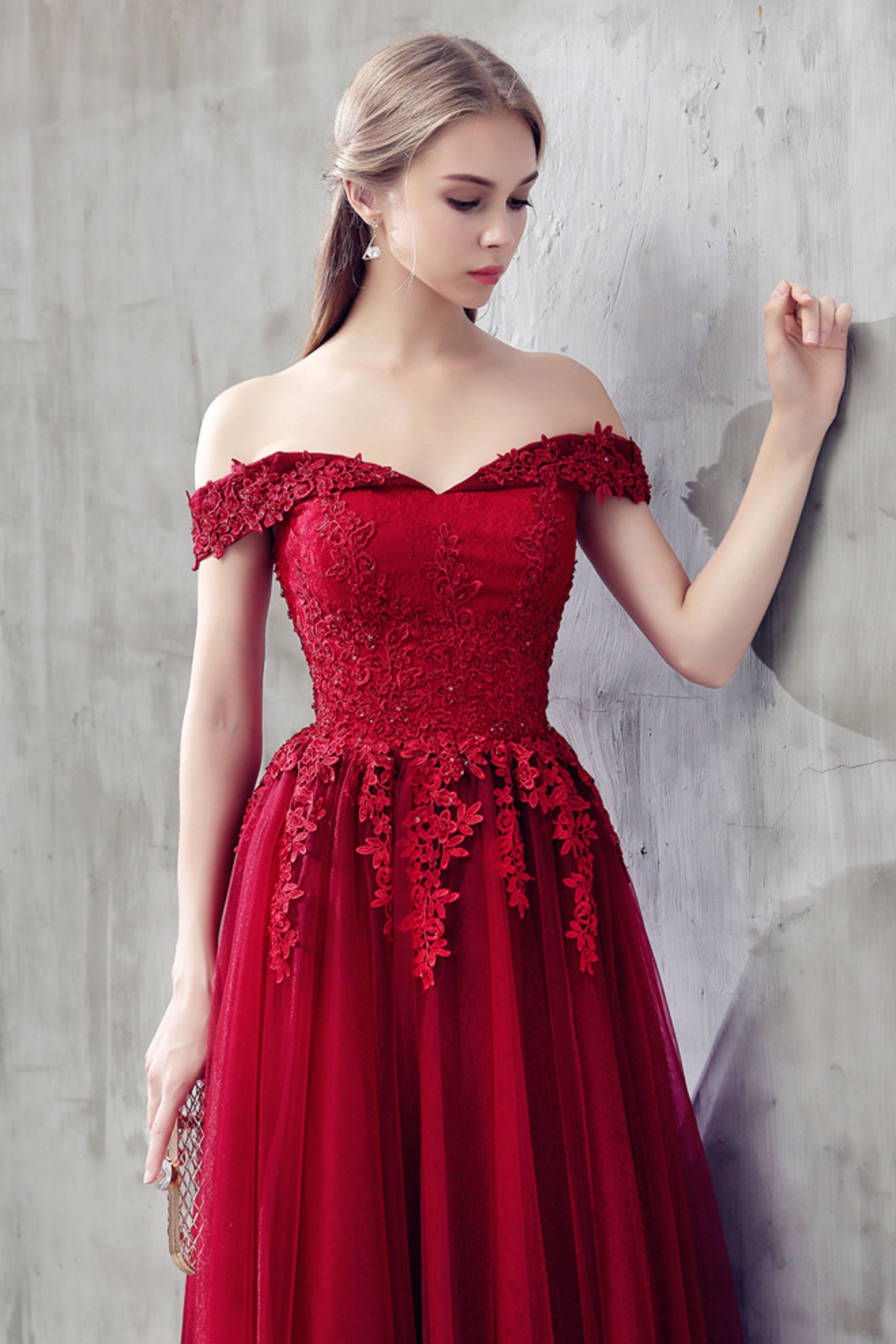 Burgundy tulle lace off shoulder prom dress, burgundy bridesmaid dress