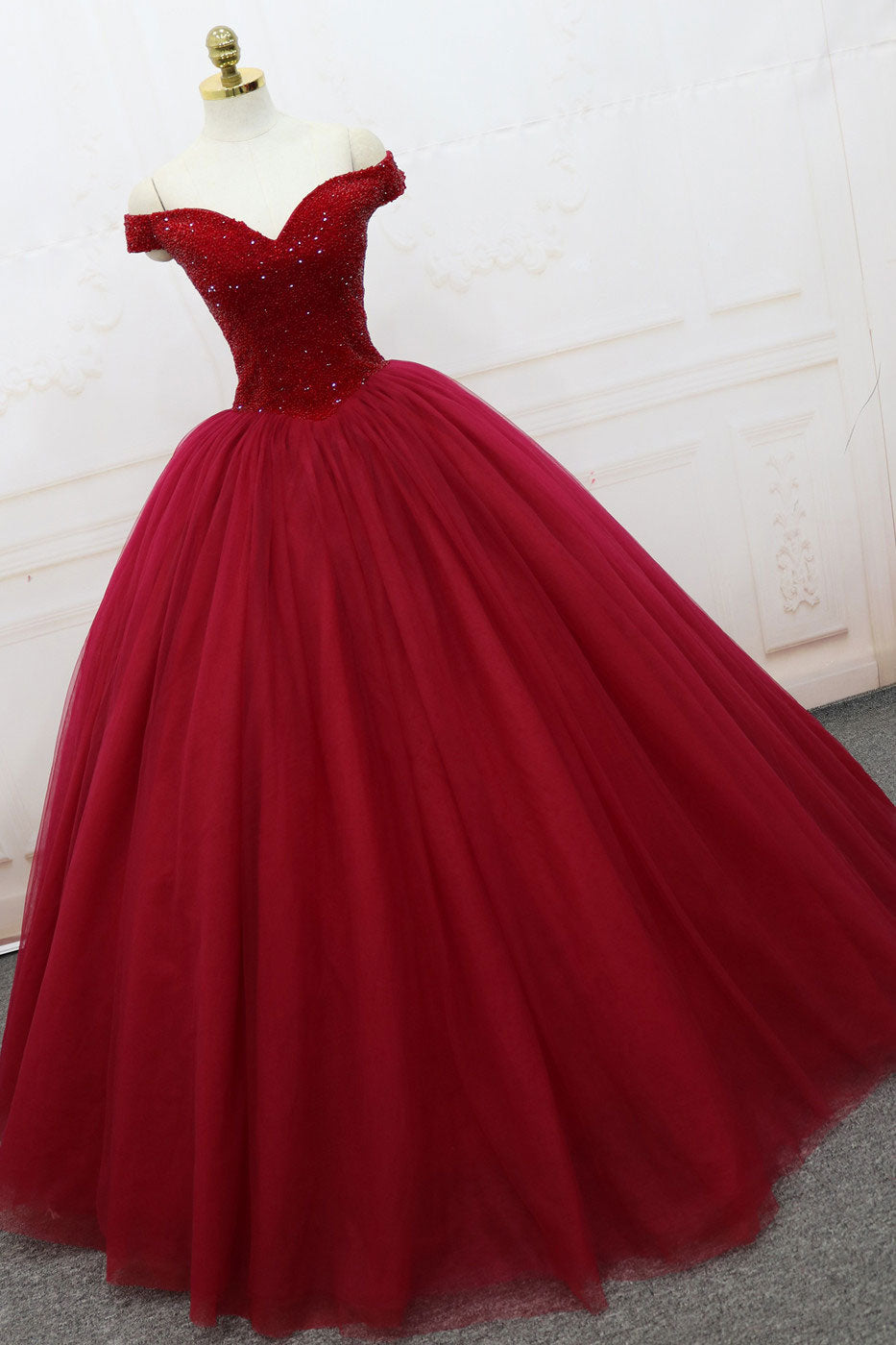 burgundy off shoulder tulle long prom dress, tulle evening dress
