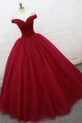 burgundy off shoulder tulle long prom dress, tulle evening dress