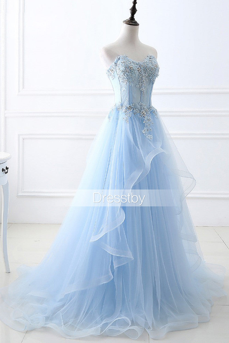 Blue sweetheart tulle long prom dress, blue evening dress
