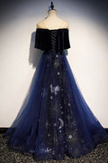 Blue tulle lace long prom dress, blue tulle evening dress