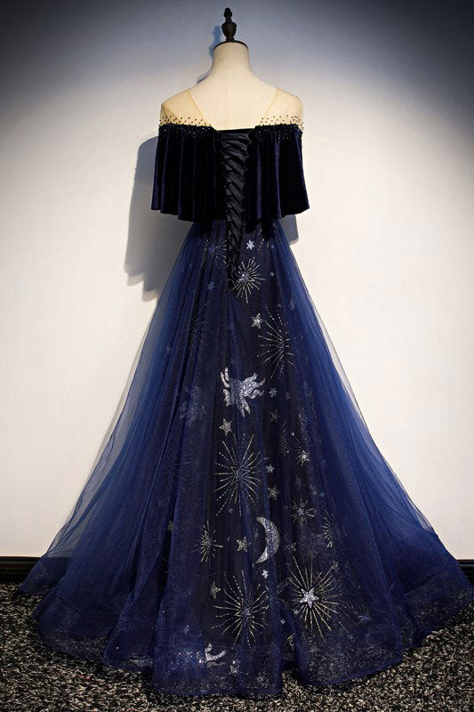 Blue tulle lace long prom dress, blue tulle evening dress
