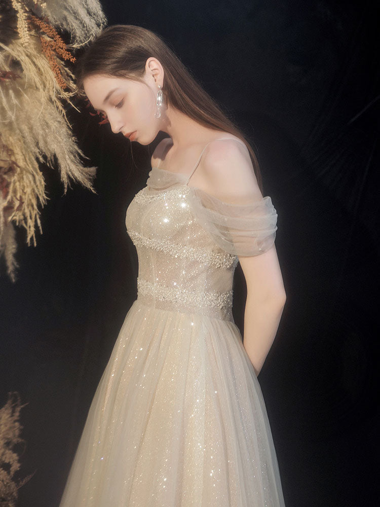 Champagne tulle sequin long prom dress, tulle formal dress