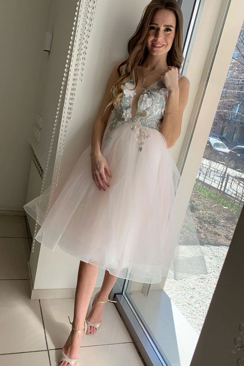 Light pink tulle lace short prom dress pink cocktail dress