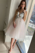 Light pink tulle lace short prom dress pink cocktail dress