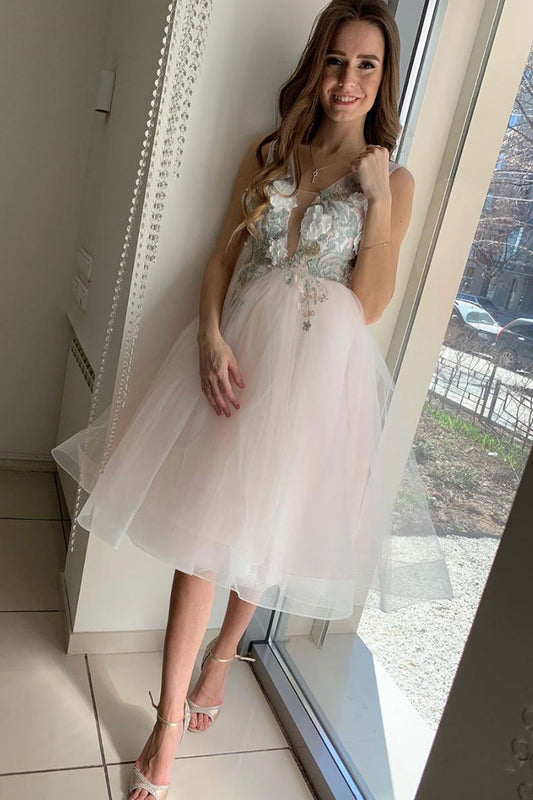 Light pink tulle lace short prom dress pink cocktail dress