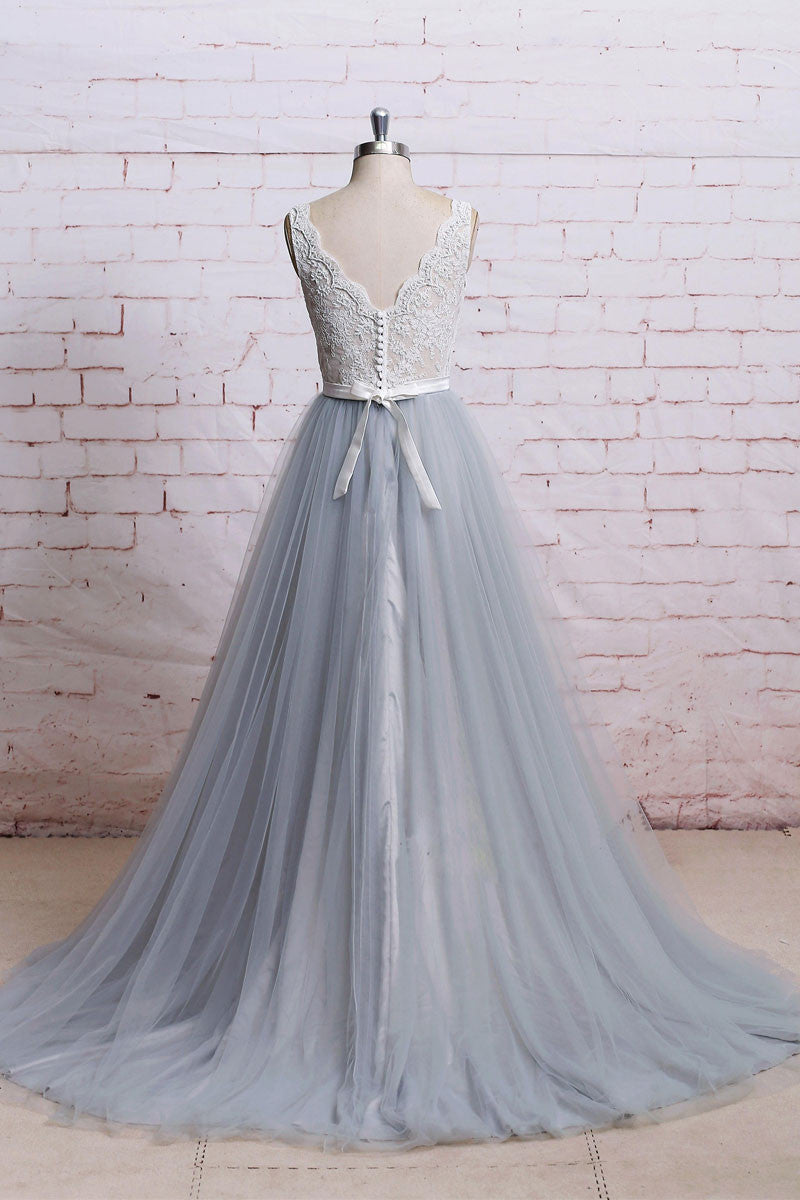 Gray v neck lace tulle long prom dress, tulle evening dress