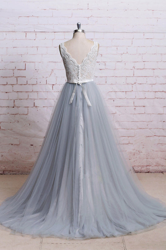 Gray v neck lace tulle long prom dress, tulle evening dress