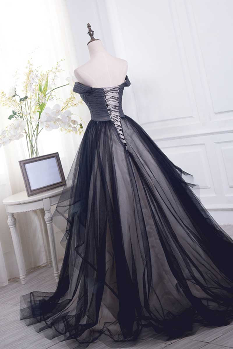 Black off shoulder tulle long prom dress, black evening dress