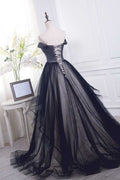 Black off shoulder tulle long prom dress, black evening dress