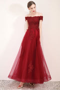 Burgundy tulle lace long prom dress, burgundy evening dress