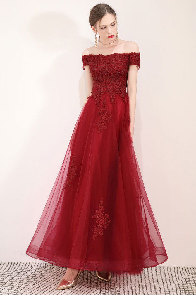 Burgundy tulle lace long prom dress, burgundy evening dress