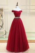 Burgundy tulle off shoulder long prom dress, burgundy evening dress