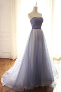 Blue sweetheart tulle beads long prom dress, blue evening dress