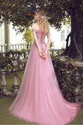 Pink off shoulder lace tulle long prom dress, pink bridesmaid dress