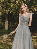 Gray tulle sequin tea length prom dress, gray evening dress