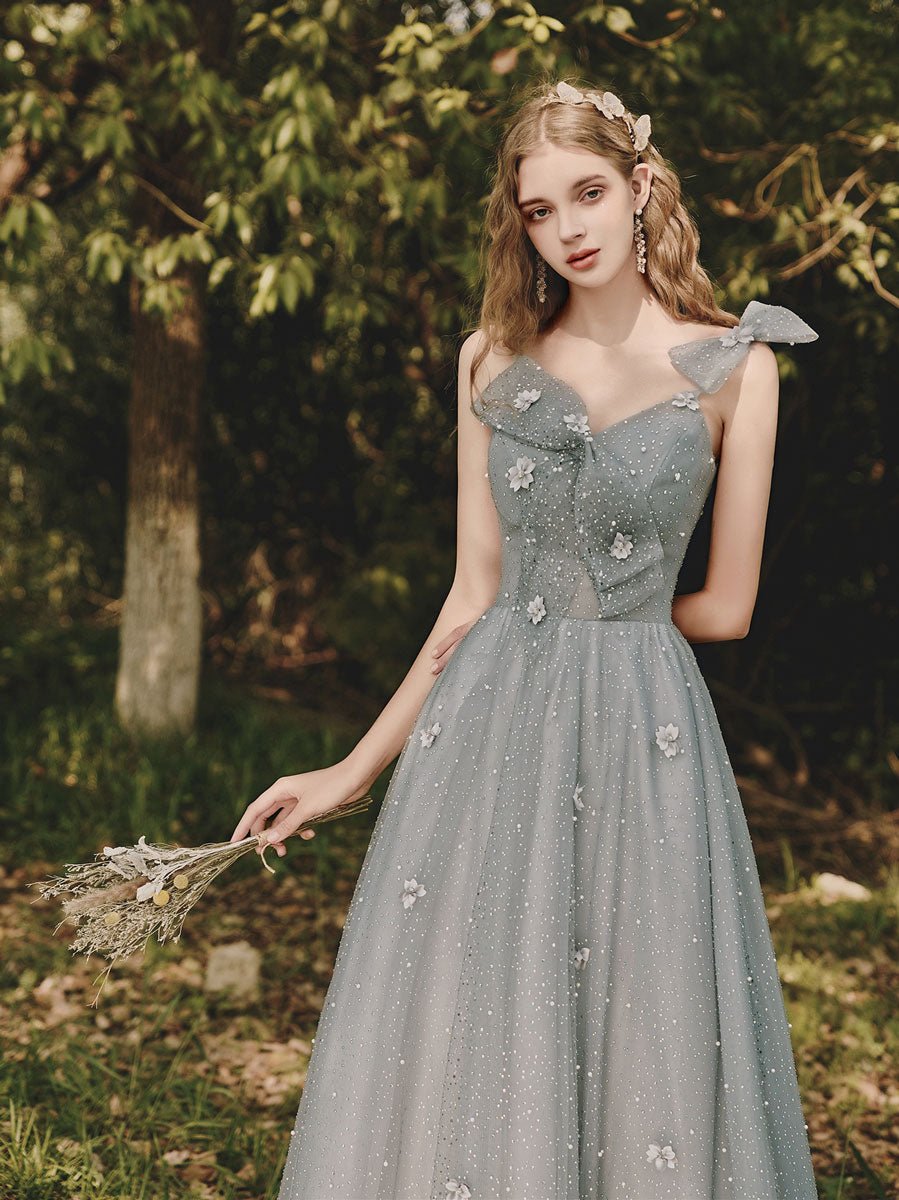 Gray tulle sequin tea length prom dress, gray evening dress