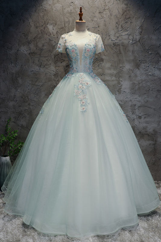 Unique light green tulle lace long prom dress, sweet 16 dress
