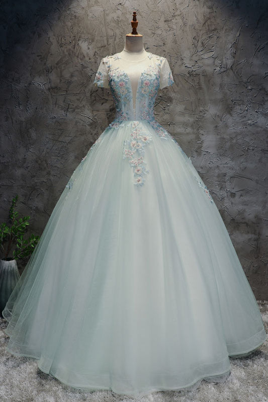 Unique light green tulle lace long prom dress, sweet 16 dress