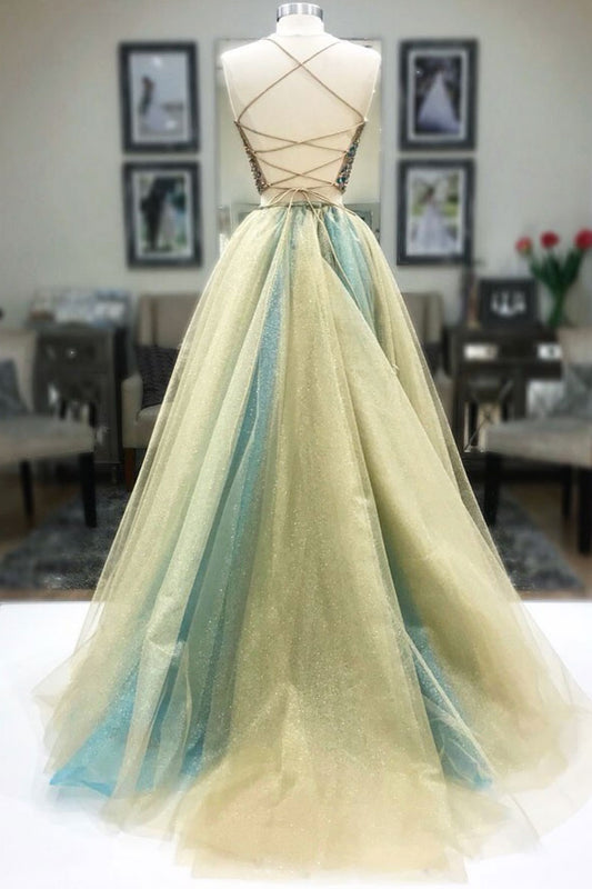 Unique two pieces tulle beads long prom dress, tulle formal dress
