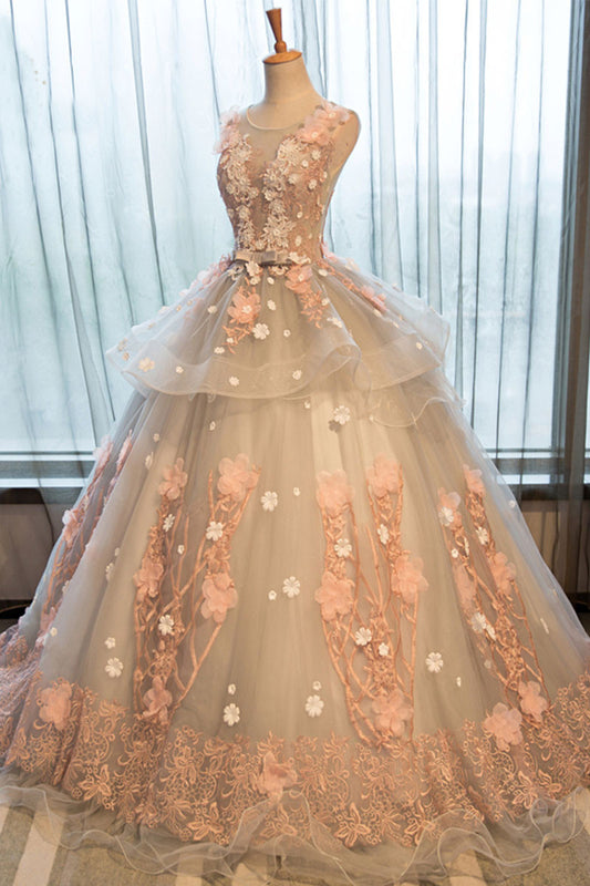 Cute round neck lace applique long prom gown, lace evening dress