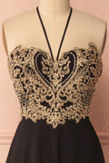 Black sweetheart lace applique long prom dress, black evening dress