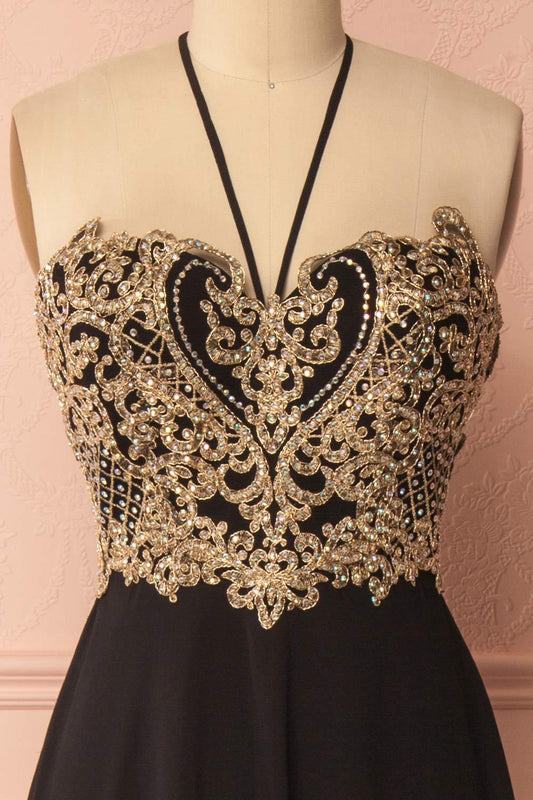Black sweetheart lace applique long prom dress, black evening dress
