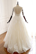 White v neck tulle lace long prom dress, white tulle wedding dress