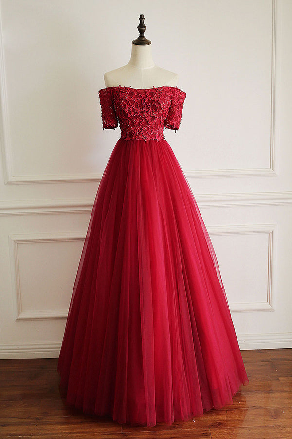 Burgundy tulle lace long prom dress, burgundy tulle evening dress