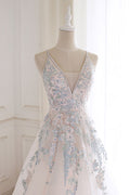 White v neck tulle lace long prom dress, white evening dress
