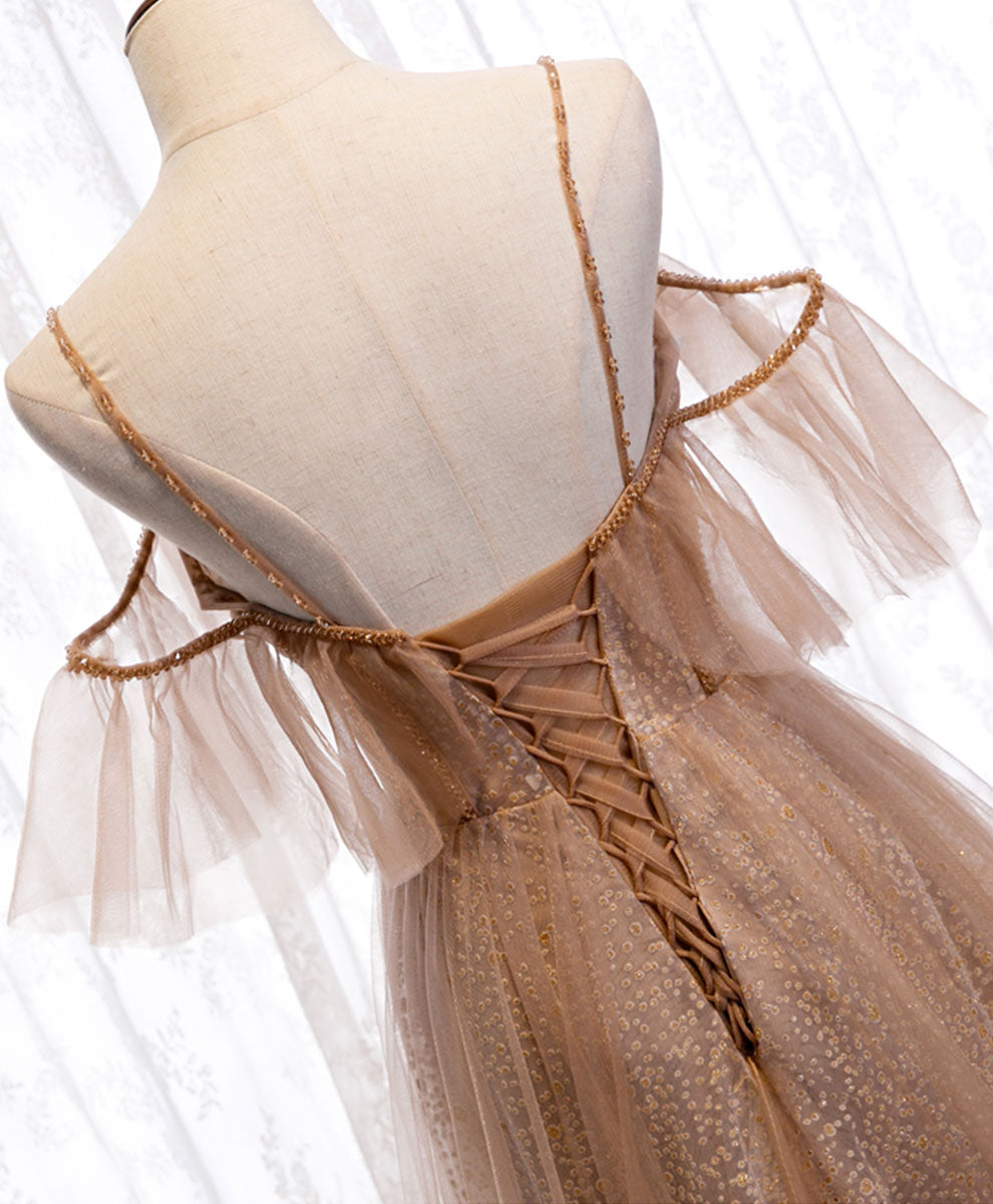 Champagne tulle sequin long prom dress tulle formal dress