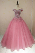 Pink sweetheart tulle sequin long prom dress, pink tulle evening dress