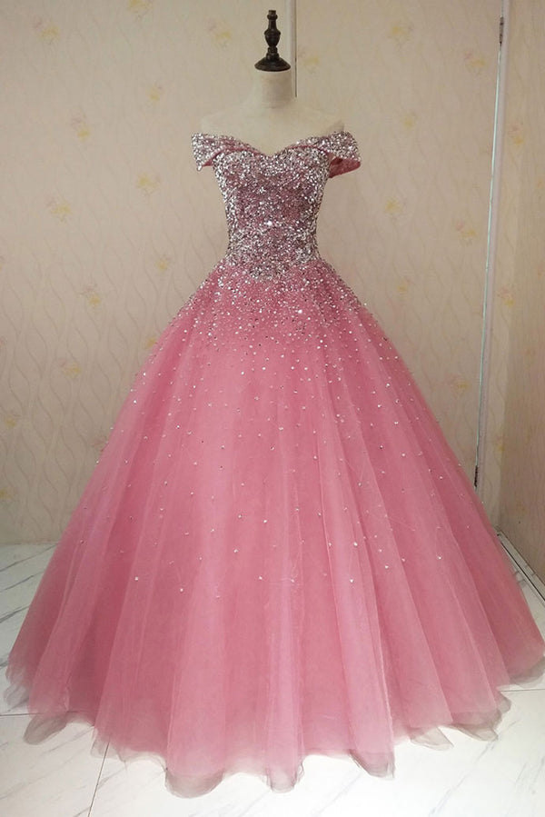 Pink sweetheart tulle sequin long prom dress, pink tulle evening dress