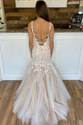 Champagne tulle lace mermaid long prom dress, lace evening dress