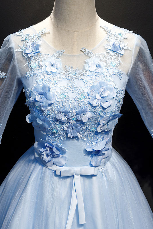 Blue tulle lace long prom dress, blue tulle evening dress