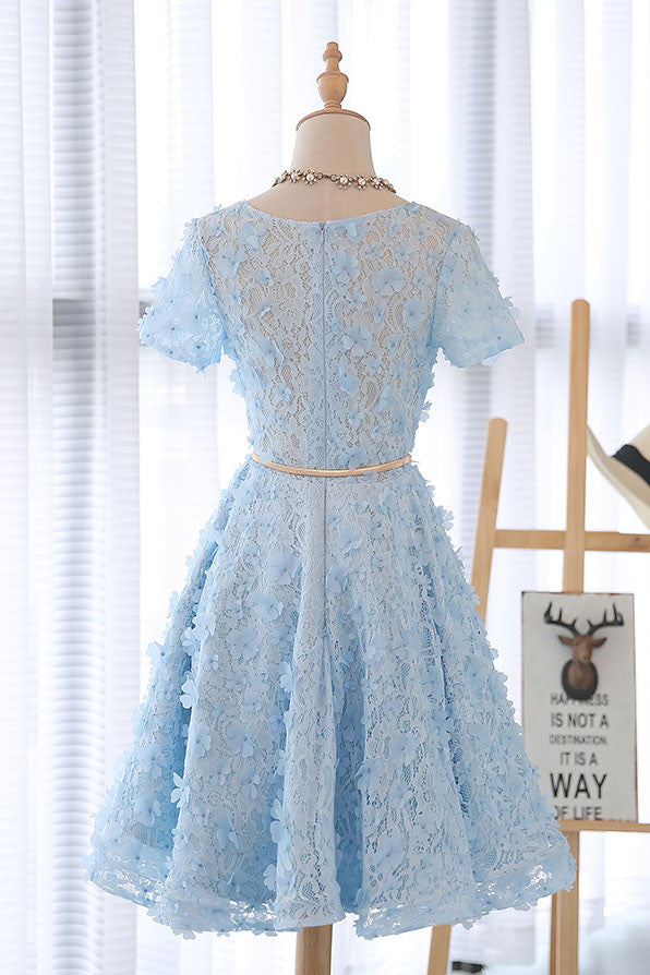 Cute 3D lace short blue prom dress, blue homecoming dress